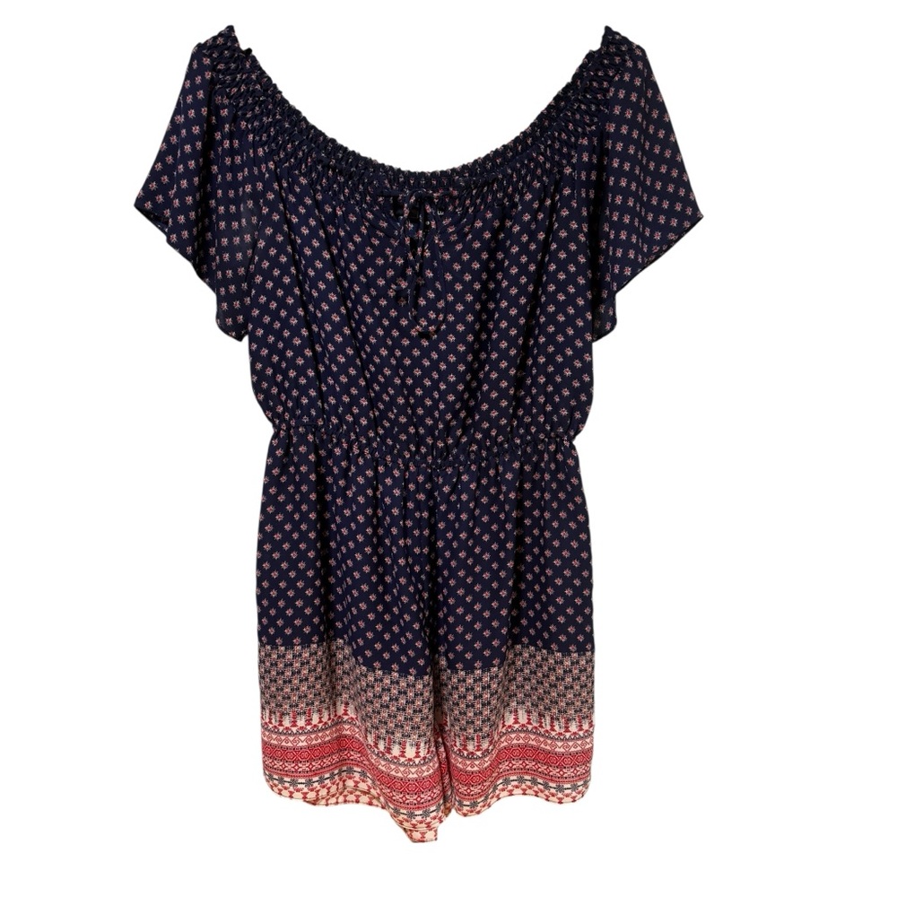 AQUA Navy Blue Red Geometric Print Off Shoulder Elastic Waist Romper Size L #645